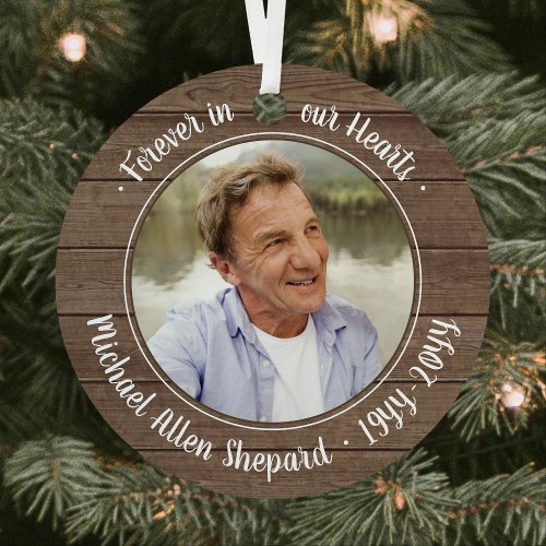 Any Text 2 Photo Memorial Elegant Rustic Faux Wood Metal Ornament