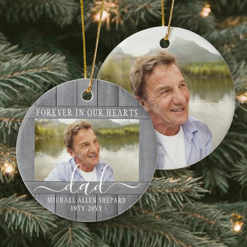 Any Text 2 Photo Memorial Simple Gray Faux Wood Ceramic Ornament