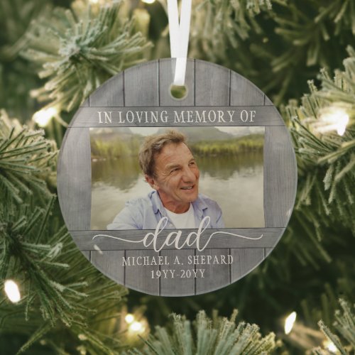 Any Text 2 Photo Memorial Simple Gray Faux Wood Glass Ornament