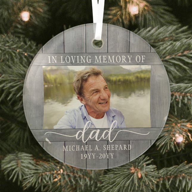 Any Text 2 Photo Memorial Simple Gray Faux Wood Glass Ornament (Creator Uploaded)