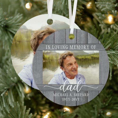 Any Text 2 Photo Memorial Simple Gray Faux Wood Metal Ornament