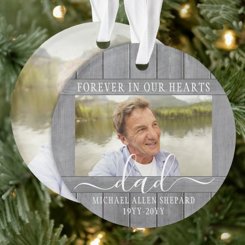 Any Text 2 Photo Memorial Simple Gray Faux Wood Ornament