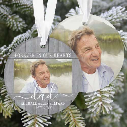 Any Text 2 Photo Memorial Simple Gray Faux Wood Ornament