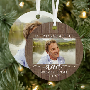 Any Text 2 Photo Memorial Simple Rustic Faux Wood Metal Ornament