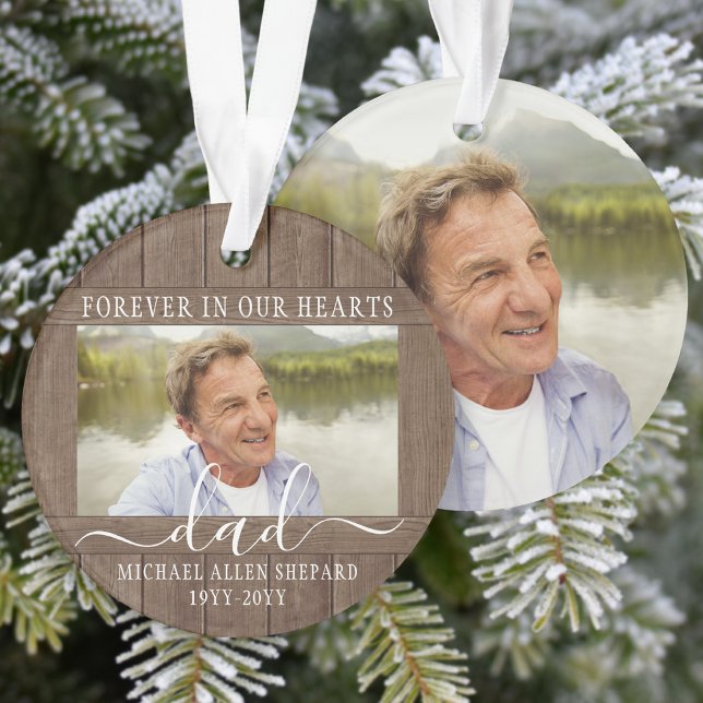 Any Text 2 Photo Memorial Simple Rustic Faux Wood Ornament (Creator Uploaded)