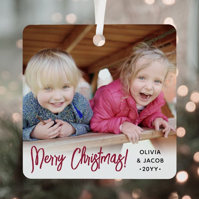 Any Text 2 Photo Modern Brushed Script Festive Red Metal Ornament (Creator Uploaded)