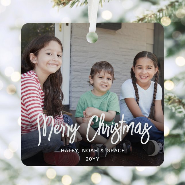 Any Text 2 Photo Modern Brushed White Script Metal Ornament (Creator Uploaded)