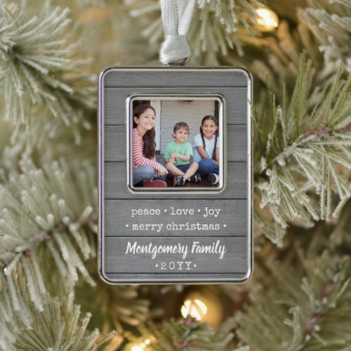 Any Text 2 Photo Modern Grey Wood Family Keepsake Christmas Ornament