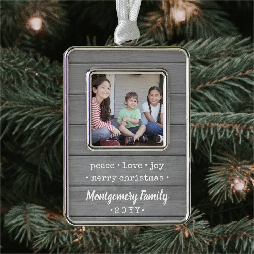 Any Text 2 Photo Modern Grey Wood Family Keepsake Christmas Ornament