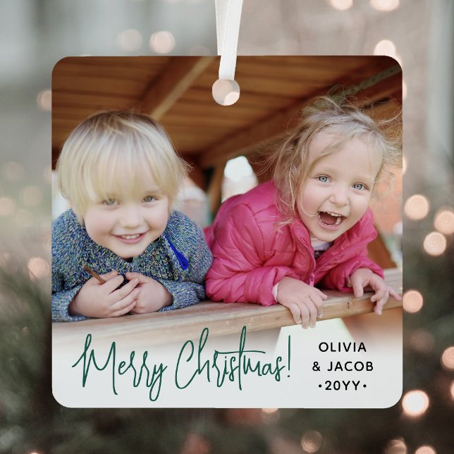 Any Text 2 Photo Modern Simple Green Script Metal Ornament (Creator Uploaded)