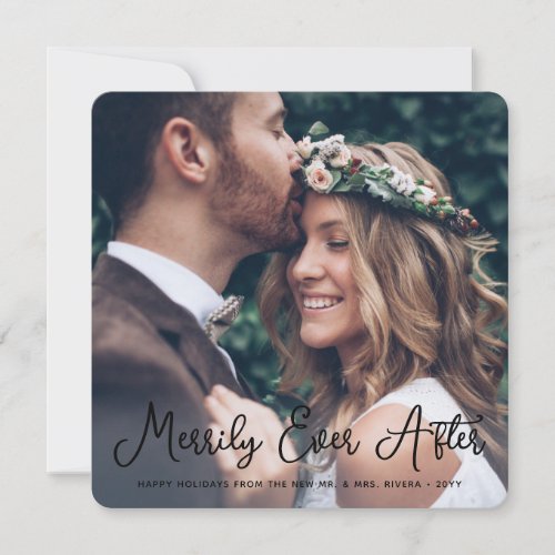 Any Text 2 Photo Newlyweds Black Script Square Holiday Card