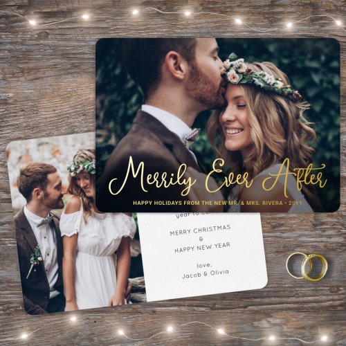 Any Text 2 Photo Newlyweds Merrily Ever After Foil Holiday Card