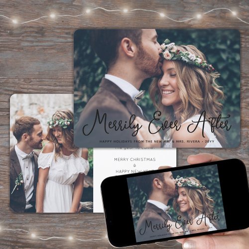 Any Text 2 Photo Newlyweds Merrily Married Black Holiday Card