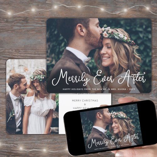 Any Text 2 Photo Newlyweds Merrily Married White Holiday Card