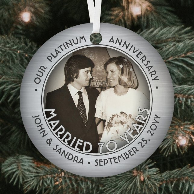 Any Text 2 Photo Platinum 70th Wedding Anniversary Metal Ornament (Creator Uploaded)