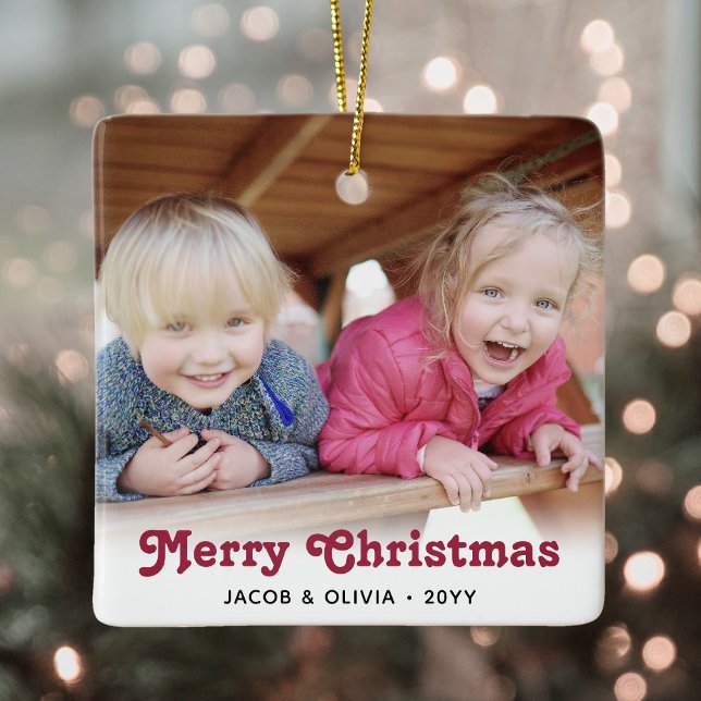 Any Text 2 Photo Red Retro Typography Simple Ceramic Ornament (Creator Uploaded)