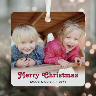 Any Text 2 Photo Red Retro Typography Simple Metal Ornament