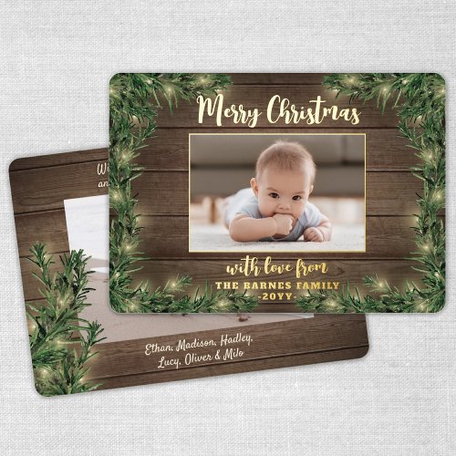 Any Text 2 Photo Rustic Wood Pine  String Lights Foil Holiday Card