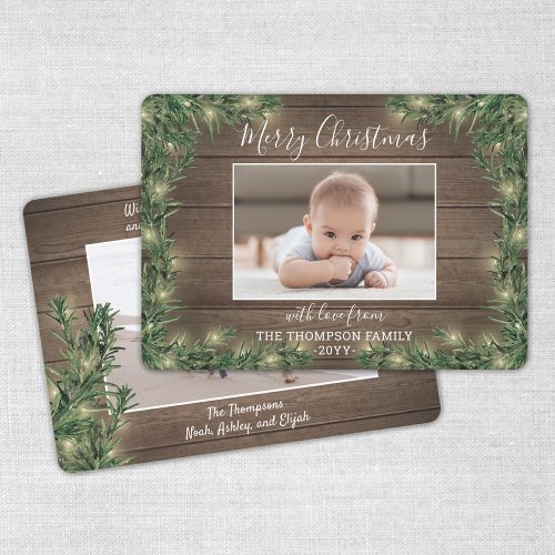 Any Text 2 Photo Rustic Wood Pine  String Lights Holiday Card
