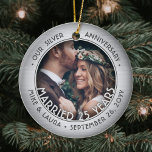 Any Text 2 Photo Silver 25th Wedding Anniversary Ceramic Ornament<br><div class="desc">Celebrate a joyful 25th wedding anniversary with a custom 2 photo "Married 25 Years" faux brushed silver round ceramic Christmas ornament. All text and images on this template are simple to personalize and can be different or the same on front and back. (IMAGE & TEXT DESIGN TIPS: 1) To adjust...</div>