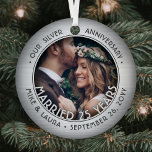 Any Text 2 Photo Silver 25th Wedding Anniversary Metal Ornament<br><div class="desc">Celebrate a joyful 25th wedding anniversary with a custom 2 photo "Married 25 Years" round metal faux brushed silver Christmas ornament. All text and images on this template are simple to personalize and can be different or the same on front and back. (IMAGE & TEXT DESIGN TIPS: 1) To adjust...</div>