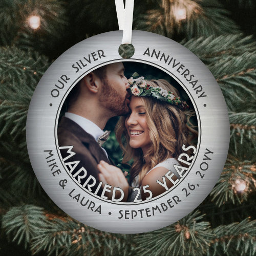 Any Text 2 Photo Silver 25th Wedding Anniversary Metal Ornament