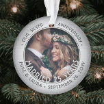 Any Text 2 Photo Silver 25th Wedding Anniversary Ornament<br><div class="desc">Celebrate a joyful 25th wedding anniversary with a custom 2 photo "Married 25 Years" faux brushed silver round acrylic Christmas ornament. All text and images on this template are simple to personalize and can be different or the same on front and back. (IMAGE & TEXT DESIGN TIPS: 1) To adjust...</div>