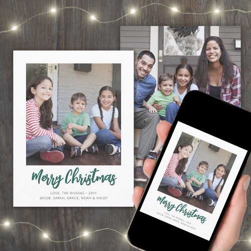 Any Text 2 Photo Simple Minimal Green Brush Script Holiday Card