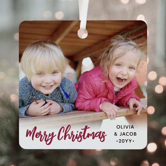 Any Text 2 Photo Trendy Brushed Red Script Metal Ornament (Creator Uploaded)