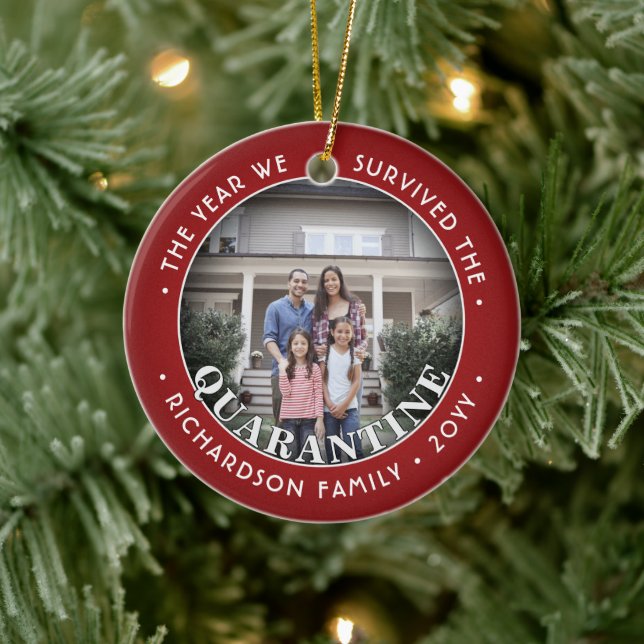 Any Text 2 Photo We Survived Quarantine Funny Red Ceramic Ornament (Tree)