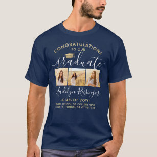 Any Text 3 Photo Graduate Congrats Navy and Gold T-Shirt