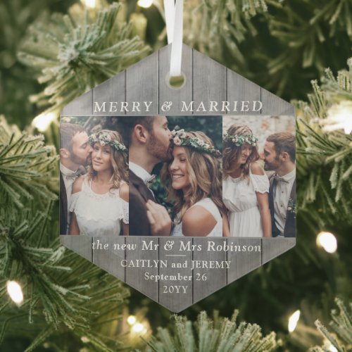 Any Text 3 Photo Merry  Married Gray Faux Wood Glass Ornament