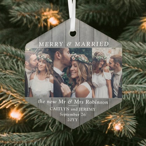Any Text 3 Photo Merry &amp; Married Gray Faux Wood Glass Ornament
