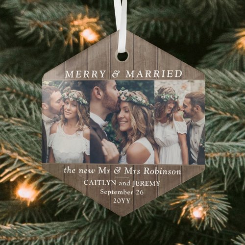 Any Text 3 Photo Merry &amp; Married Rustic Faux Wood Glass Ornament