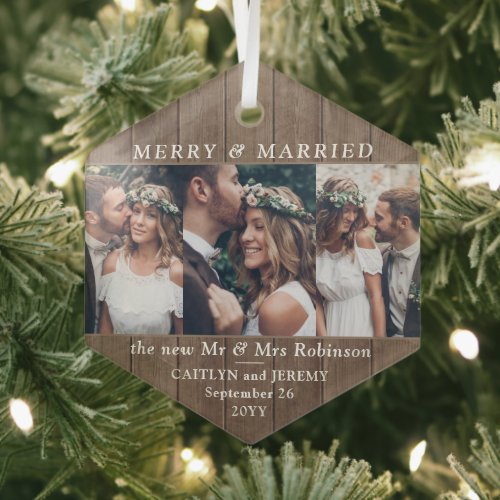 Any Text 3 Photo Merry  Married Rustic Faux Wood Glass Ornament