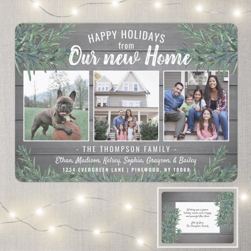 Any Text 3 Photo New Home Farmhouse Greenery Wood Holiday Card