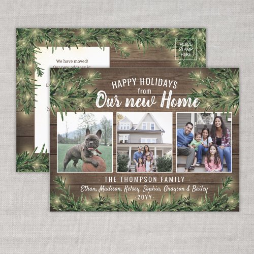 Any Text 3 Photo New Home Wood  Garland Lights Holiday Postcard
