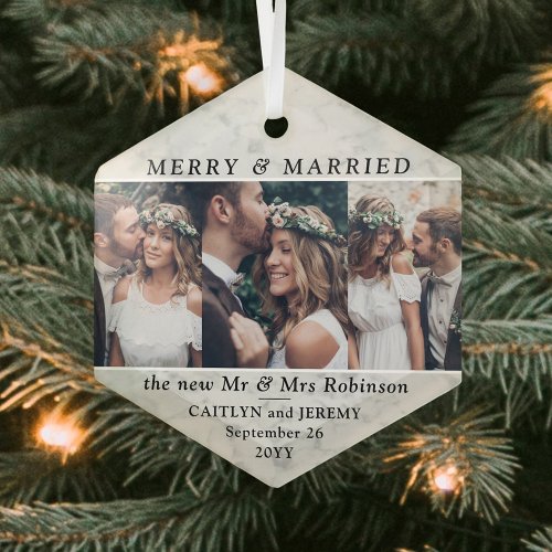 Any Text 3 Photo Newlyweds Merry  Married Marbled Glass Ornament