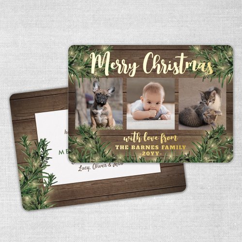 Any Text 3 Photo Rustic Wood Pine  String Lights Foil Holiday Card