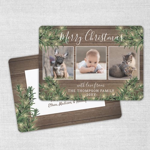 Any Text 3 Photo Rustic Wood Pine  String Lights Holiday Card