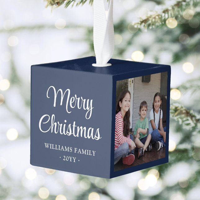 Any Text 3 Photo Simple Modern Minimalist Blue Cube Ornament (Creator Uploaded)