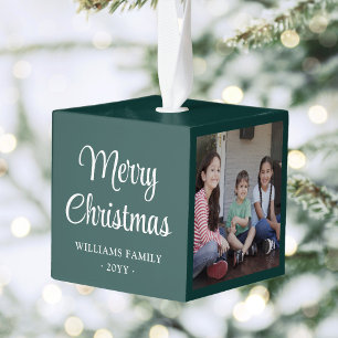 Any Text 3 Photo Simple Modern Minimalist Green Cube Ornament