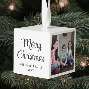 Any Text 3 Photo Simple Modern Minimalist White Cube Ornament