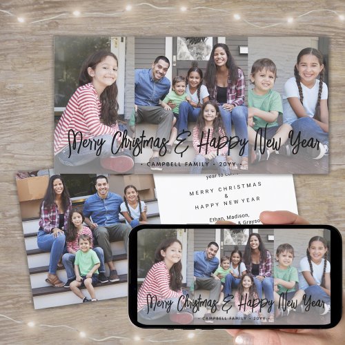 Any Text 4 Photo Collage Black Brushed Typography Holiday Card