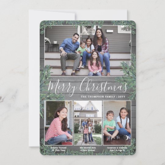 Any Text 4 Photo Collage & Captions Wood and Pine Holiday Card