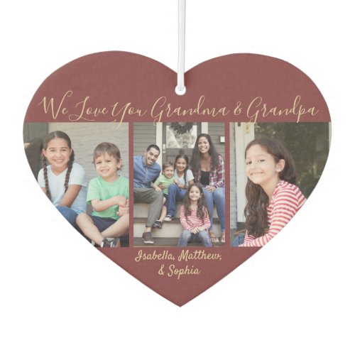 Any Text 4 Photo Collage Grandparent Burgundy Gold Air Freshener - Celebrate the simple joys of grandkids and family with a unique heart-shaped 4 photo collage car air freshener.  Pictures and quote that reads "We Love You Grandma & Grandpa" are simple to customize. Text can be personalized for Nana, GiGi, Grandpa, Mommy, Daddy, Auntie, Uncle etc. It can also be changed to a favorite inspirational or motivational quote. (IMAGE PLACEMENT TIP:  An easy way to center a photo exactly how you want is to crop it before uploading to the Zazzle website.) Design features a burgundy red and gold modern minimalist layout, elegant handwritten style script typography, and four pictures of your choice. Please note that gold is printed color, not metallic foil. It's easy to make it yourself.  This template is set up for a grandmother and grandfather, but can easily be personalized for a baby, wedding couple, best friends, pets, etc. You can design your own stylish keepsake gift idea with photos of grandchildren for a birthday, Grandparents' Day, Mother's Day or Father's Day. Makes a cool and cute addition to automobile interior decor.