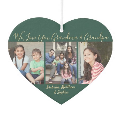 Any Text 4 Photo Collage Grandparents Green & Gold Air Freshener - Celebrate the simple joys of grandkids and family with a unique heart-shaped 4 photo collage car air freshener.  Pictures and quote that reads "We Love You Grandma & Grandpa" are simple to customize. Text can be personalized for Nana, GiGi, Grandpa, Mommy, Daddy, Auntie, Uncle etc. It can also be changed to a favorite inspirational or motivational quote. (IMAGE PLACEMENT TIP:  An easy way to center a photo exactly how you want is to crop it before uploading to the Zazzle website.) Design features a green and gold modern minimalist layout, elegant handwritten style script typography, and four pictures of your choice. Please note that gold is printed color, not metallic foil. It's easy to make it yourself.  This template is set up for a grandmother and grandfather, but can easily be personalized for a baby, wedding couple, best friends, pets, etc. You can design your own stylish keepsake gift idea with photos of grandchildren for a birthday, Grandparents' Day, Mother's Day or Father's Day. Makes a cool and cute addition to automobile interior decor.