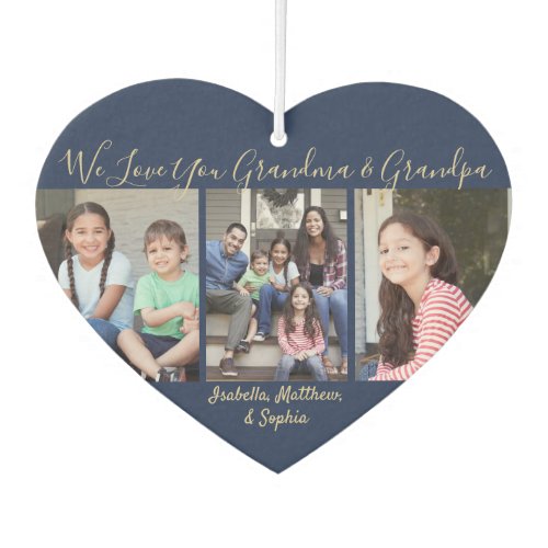 Any Text 4 Photo Collage Grandparents Navy & Gold Air Freshener - Celebrate the simple joys of grandkids and family with a unique heart-shaped 4 photo collage car air freshener.  Pictures and quote that reads "We Love You Grandma & Grandpa" are simple to customize. Text can be personalized for Nana, GiGi, Grandpa, Mommy, Daddy, Auntie, Uncle etc. It can also be changed to a favorite inspirational or motivational quote. (IMAGE PLACEMENT TIP:  An easy way to center a photo exactly how you want is to crop it before uploading to the Zazzle website.) Design features a navy blue and gold modern minimalist layout, elegant handwritten style script typography, and four pictures of your choice. Please note that gold is printed color, not metallic foil. It's easy to make it yourself.  This template is set up for a grandmother and grandfather, but can easily be personalized for a baby, wedding couple, best friends, pets, etc. You can design your own stylish keepsake gift idea with photos of grandchildren for a birthday, Grandparents' Day, Mother's Day or Father's Day. Makes a cool and cute addition to automobile interior decor.