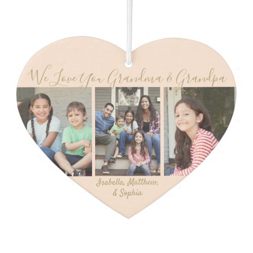 Any Text 4 Photo Collage Grandparents Pink & Gold Air Freshener - Celebrate the simple joys of grandkids and family with a unique heart-shaped 4 photo collage car air freshener.  Pictures and quote that reads "We Love You Grandma & Grandpa" are simple to customize. Text can be personalized for Nana, GiGi, Grandpa, Mommy, Daddy, Auntie, Uncle etc. It can also be changed to a favorite inspirational or motivational quote. (IMAGE PLACEMENT TIP:  An easy way to center a photo exactly how you want is to crop it before uploading to the Zazzle website.) Design features a blush pink and gold modern minimalist layout, elegant handwritten style script typography, and four pictures of your choice. Please note that gold is printed color, not metallic foil. It's easy to make it yourself.  This template is set up for a grandmother and grandfather, but can easily be personalized for a baby, wedding couple, best friends, pets, etc. You can design your own stylish keepsake gift idea with photos of grandchildren for a birthday, Grandparents' Day, Mother's Day or Father's Day. Makes a cool and cute addition to automobile interior decor.