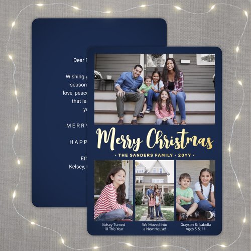 Any Text 4 Photo Collage Navy Blue Christmas Foil Holiday Card